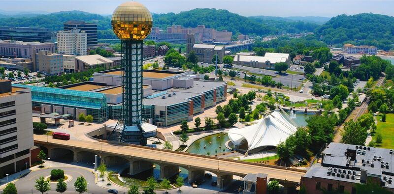 Knoxville skyline at dusk, home base of Synergy Digital Lab
